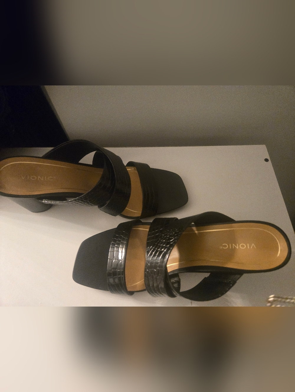 Vionic Black Croc-Embossed Strappy Heels